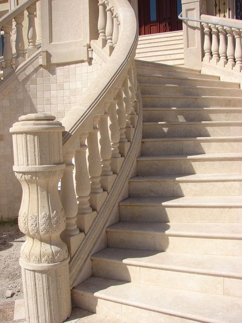 Balustrade system and stairs by Italian Cast Stone! www.italiancaststone.com 813.902.8900 Indoor Railing Ideas, Stair Railing Ideas Modern, Modern Deck Railing Ideas, Modern Deck Railing, Modern Stair Railing Ideas, Stair Storage Ideas, Under Stair Storage Ideas, Balcony Balustrade, Cabinet Under Stairs