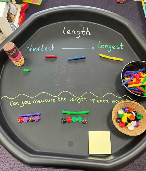 Miss A on Instagram: "Measuring length ✨ A simple set up using measuring worms from @learningresourcesuk and inspiration from @primarystarseducation. #buddiesloveplay #primarystarseducation #measuringactivities #measuring #measuringlength #learningresources #maths #practicalmaths #mathsisfun #mathsteacher #ks1 #year1teacher #year1continuousprovision #tufftrayideas #classroominspiration #classroomsetup #mathstufftray #classroominspo #classroomlearning" Length Eyfs Activities, Measuring Tuff Tray Ideas, Length Activities For Kindergarten, Measuring Eyfs, Maths Activities Eyfs, Length Activities, Measuring Length Activities, Gardening Preschool, Math Provocations