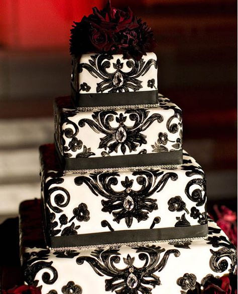 White And Black Wedding Theme, Phantom Of The Opera Wedding, Red White And Black Wedding, Black Wedding Theme, White And Black Wedding, Opera Wedding, Masquerade Wedding, Damask Wedding, Amazing Wedding Cakes