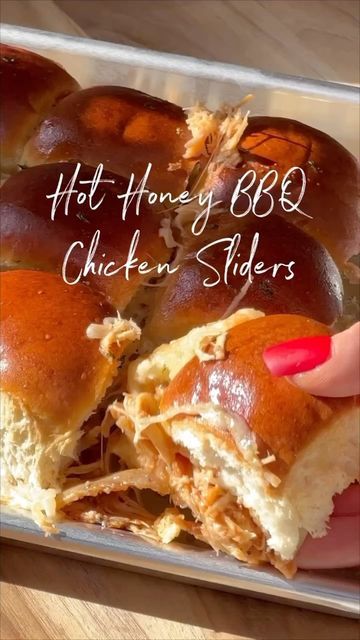 Leslie Stokes on Instagram: "These Hot Honey Chicken Sliders are everything you want in a slider- cheesy, sweet, tangy with a little kick These were a huge hit and would even be great for Super Bowl! - 3 cups of shredded or rotisserie chicken - 3/4 cup of bbq sauce - 1/4 cup of hot honey (or regular honey) - 1/2 tsp of garlic - Hawaiian Rolls - sliced mozzarella - 1/2 stick of butter - 1 1/2 tbsp oh hot honey - 1/4 tsp garlic powder - 1/4 tap salt - 1/4 tsp parsley - mix together t Honey Chicken Sliders, Recipes Sliders, Bbq Chicken Sliders Recipes, Gameday Appetizers, Sliders Recipes Hawaiian Rolls, Hot Honey Chicken, Sliders Recipes Chicken, Bbq Chicken Sliders, Buffalo Chicken Sliders