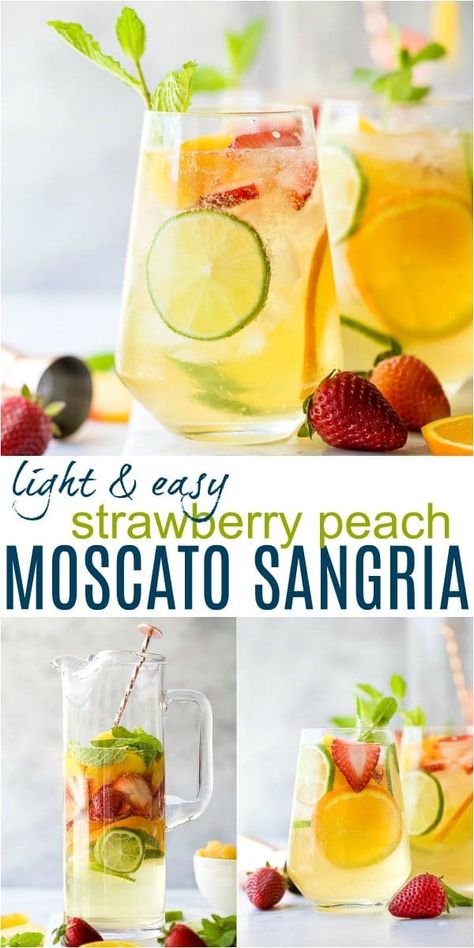 Moscato Sangria Recipes, Strawberry Peach Sangria, Peach Moscato, Popular Alcoholic Drinks, Moscato Sangria, White Wine Sangria Recipe, White Wine Sangria, Orange Liquor, Wine Sangria