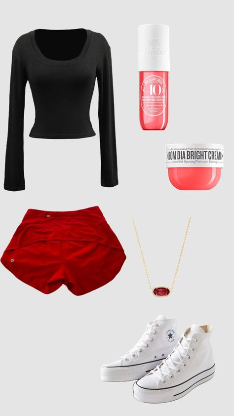 #red Outfits With Red Lululemon Shorts, Red Nike Shorts Outfit, Red Lulu Shorts Outfit, Red Athletic Shorts Outfit, Red Shorts Outfit Aesthetic, Red Lululemon Shorts Outfit, Red Athletic Outfit, Athletic Girl Outfits, Lululemon Shorts Outfit