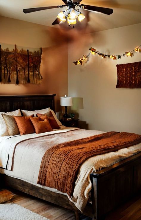 Create a cozy autumn-themed bedroom by incorporating warm earth tones like burnt orange and rich browns. Add a fall-inspired tapestry as a focal point and complement it with wooden furniture pieces and twinkling string lights for a charming ambiance. Orange Themed Bedroom, Autumn Bedroom Ideas, Cozy Autumn Bedroom, Twinkling String Lights, Autumn Bedroom, Twinkle String Lights, Cozy Autumn, Autumn Cozy, Bloxburg House