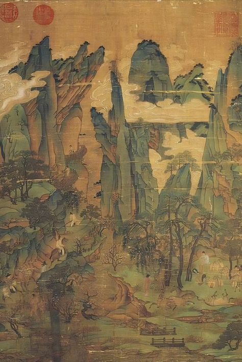 Part of the painting "Emperor Minghuang's Flight to Sichuan" (明皇幸蜀图), describes Emperor Xuanzong (also respected as Minghuang) escaping to Sichuan after An-Shi Rebellion. Painted by Li Zhaodao (李昭道) (675 — 758), now is preserved in Taipei Palace Museum. Emperor Aesthetic, Chinese Emperor, Art Tumblr, Chinese Architecture, Historical Art, Chinese Art, Dark Aesthetic, Artifacts, Vintage World Maps