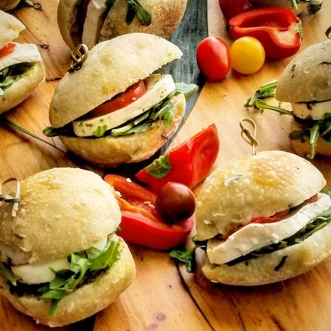 Mini Caprese Sandwiches Caprese Sandwiches, Caprese Sandwich, Mini Sandwiches, Chicken Burgers, Sandwiches, Chicken, Ethnic Recipes