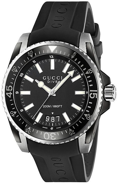 Gucci Watches Gucci Dive 45 men's black rubber strap watch Gucci Watches For Men, Mens Watches Affordable, Mens Watches Popular, Mens Designer Watches, Swiss Army Watches, Skeleton Watches, Gucci Watch, Rubber Watches, Vintage Watches For Men