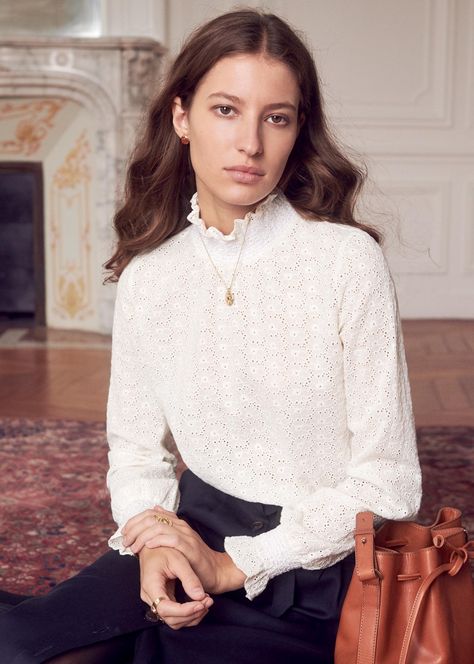 Sezane’s Pre-Fall Collection is Their Best Yet Sezane Blouse, Ruffle Neck Blouse, Parisian Chic Style, Black Winter Coat, Personal Style Inspiration, Pre Fall Collection, Selling Clothes, Fall Collection, Celebrity Outfits