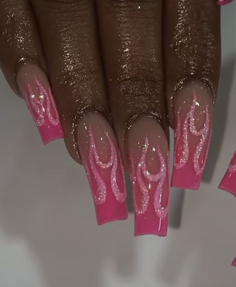 Orange Fire Nails, Long Baby Pink Acrylic Nails, Birthday Nails Sparkle, Pink And Sparkle Nails, Pink Birthday Nail Designs, Birthday Pink Nails, Pink Nails Sparkle, Nail Ideas Y2k Long, Pink Bling Acrylic Nails