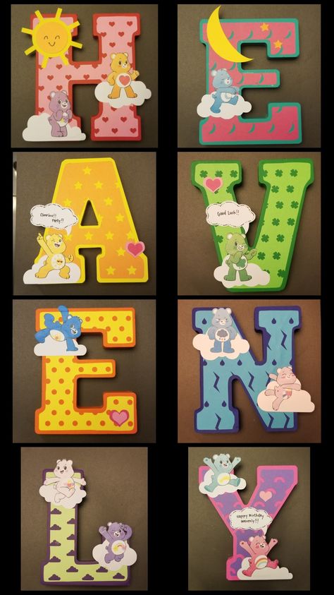 Letters made of plaster and painted and decorated with carebears Care Bear Diy Decorations, Care Bears Crafts, Carebear Nursery Ideas, Care Bear Door Decs, Care Bear Cutouts, How To Tie Shoes, Care Bear, Tie Shoes, Decorative Painting