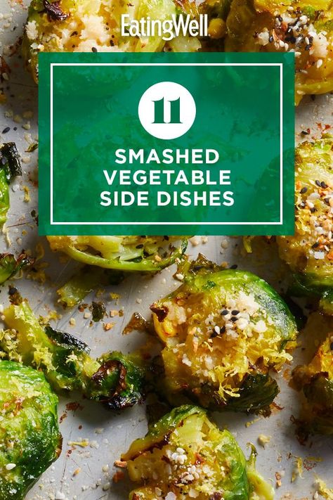 Make these smashed vegetable recipes for a healthy and flavorful side dish. Whether it’s beets, potatoes or root vegetables, smashing the vegetables allows them to absorb flavor so they’re delicious on the inside and outside. Try recipes like Crispy Smashed Brussels Sprouts and Garlic-Rosemary Smashed Potatoes for a fun and nutritious side that will make any meal tastier. #vegetables #vegetablerecipes #vegetabledishes #healthyrecipes Smashed Potatoes And Brussel Sprouts, Roasted Veggie Side Dishes, Smashed Veggies, Smashed Vegetables, Healthy Side Dish Recipes, Smashed New Potatoes, Smashed Brussels Sprouts, Roasted Smashed Potatoes, Parsnip Recipes