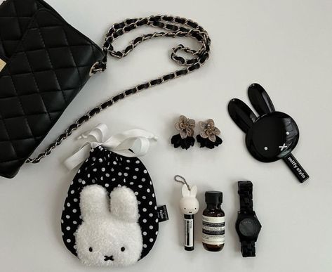 chanel bag decor miffy mirror nijntje dark academia black and white aesop whats in my bag coin purse kawaii aesthetic Dark Academia Black And White, What Is In My Bag, Dark Academia Black, Purse Aesthetic, Bead Charms Diy, In My Bag, What In My Bag, Cute Animals Images, Fancy Bags