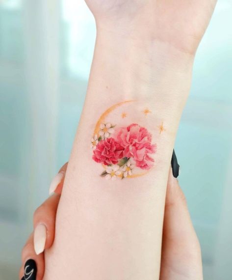 January Birth Flower Tattoo, Carnation Flower Tattoo, Cross Tattoo On Wrist, January Birth Flower, Carnation Tattoo, Unique Wrist Tattoos, Wrist Tattoo Ideas, Bird Tattoo Wrist, Flower Tattoo Meanings