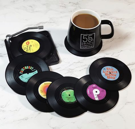 Vinyl Record Coasters for Drinks Retro Disk Coaster with Holder for Wooden Table Funny Colorful Decor Music Decorations for Home Beer Cup Mat for Coffee Table Bar Items Set of 6 | The indoor and outdoor patio absorbent coasters, can be used on any materials table type,. Smart protect the surface of your kitchen counter tabletop, office desk or bedside furniture from nasty marks or scratch Cofee Bar, Record Coasters, Mug Mat, Cd Design, Absorbent Coasters, Beer Cup, Coffee Coasters, Tea Coaster, Music Decor