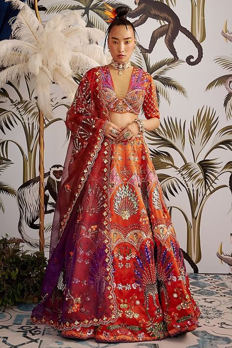 Burnt Orange Printed Lehenga Set Design by Payal Zinal at Pernia's Pop Up Shop 2024 Payal Zinal, Orange Lehenga, Printed Lehenga, Organza Lehenga, Set Saree, Dhoti Pants, Drape Saree, Embroidered Clutch, Dangler Earrings