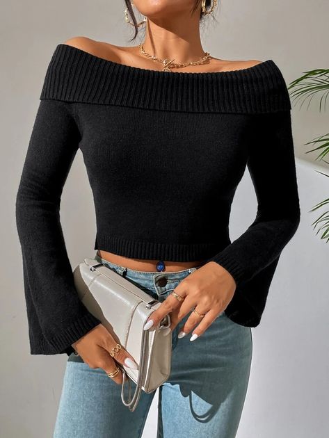 Off Shoulder Trumpet Sleeve Fold Over Sweater | SHEIN USA Fold Over Sweater, Black Off Shoulder, Trumpet Sleeve, Sweater Layering, Women Sweaters, Basic Tops, Shoulder Sweater, Black Casual, Fold Over