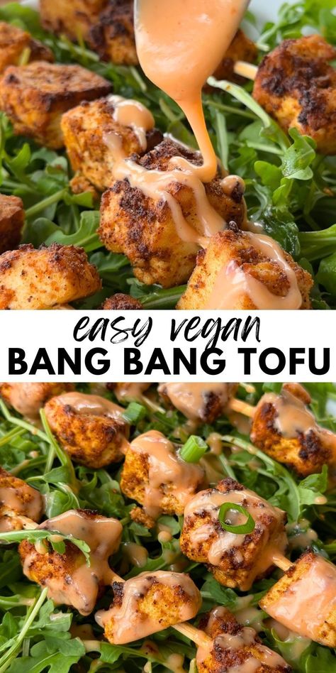 This vegan Bang Bang Tofu recipe is seriously the best! The combination of the sweet and spicy sauce with crispy air-fried tofu bites cannot be matched. Most people think of Bang Bang shrimp, but trust me, this Bang Bang Tofu is crave-worthy in its own right! Serve it in bowls with some rice, lettuce, and green onions on top, and you have a simple but delicious dinner you will keep coming back to. Bang Bang Tofu Vegan, Shrimp Tofu Recipe, Fried Tofu Recipes, Air Fry Tofu, Bang Bang Tofu, Air Fried Tofu, Tofu Bites, Tofu Recipes Healthy, Sleeve Recipes