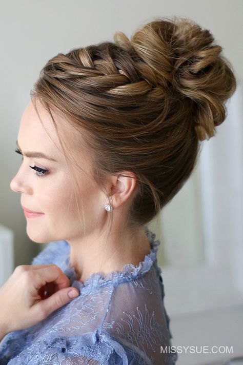 Fishtail French Braid High Bun – OBSiGeN High Updo Wedding Bridesmaid, Wedding Hairstyles Updo Long Hair, Updo With French Braid, Elegant Updos For Medium Length Hair, Easy Braid Updos For Long Hair, Dance Picture Hairstyles, High Braided Bun, Bun Hairstyles High, Braided High Bun