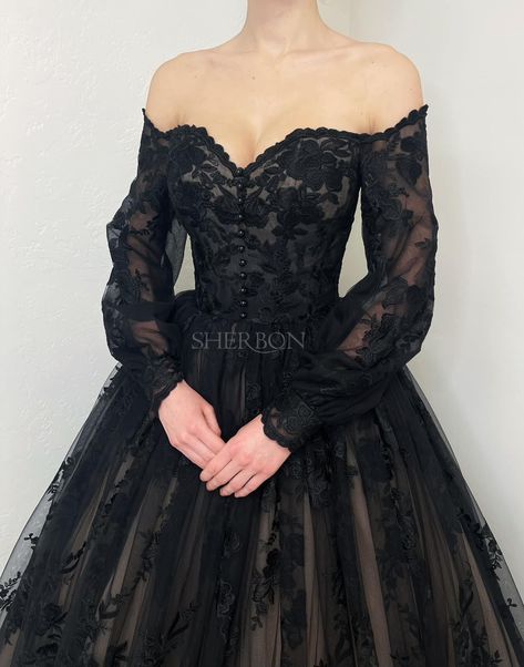 Morticia Inspired Wedding Dress, Black Ethereal Wedding Dress, Alternative Bride Dress, Embroidered Lace Wedding Dress, Goth Wedding Dresses, Flower Tulle, Gothic Floral, Gothic Bride, Floral Applique Dress