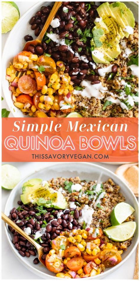 These Simple Mexican Quinoa Bowls are a great weeknight dinner or meal prepped lunch. Served with a Chipotle Cilantro Vinaigrette | ThisSavoryVegan.com #thissavoryvegan #quinoabowls #healthyvegandinners Vegetarian Quinoa Bowls, Mexican Bowls, Mexican Bowl, Mexican Quinoa Bowl, Quinoa Mexican Bowl, Mexican Quinoa Bowl Recipes, Plant Based Quinoa Bowls, One Pot Mexican Quinoa, Mexican Bowl Recipe