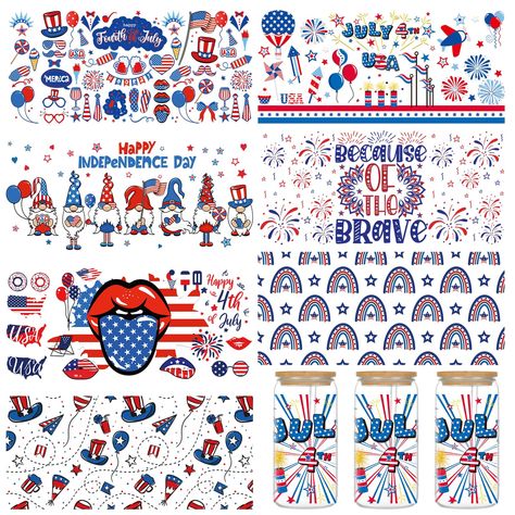 PRICES MAY VARY. What You'll Get: Have a day full of sunshine and smiles! You will receive 8 pieces of patriotic 4th of July UV DTF cup wraps. Each cup transfer wrap measures 9.45 inches * 4.33 inches, suitable for your 16 oz glass. This quantity is sufficient to meet your UV cup wrap production needs. Creative Design: Our patriotic Independence Day UV DTF transfer stickers mainly feature American flag, gnomes, Windmills, Fireworks, balloon, red white blue stars stripes patterns, showcasing the Cup Decals, Cup Wraps, Happy July, Cup Decal, Crafts Decor, Glass Cups, Blue Stars, Cup Wrap, Uv Dtf