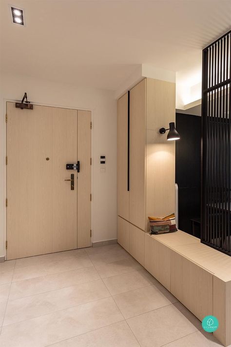 This Couple’s Home Is Cosy Minimalism at Its Best Hdb Bto Shoe Cabinet, Hdb Foyer Ideas Entryway, Hdb Entryway Ideas, Hdb Shoe Cabinet, Hdb Entrance, Hdb Bto Toilet, Cosy Minimalism, Foyer Cabinet, Tiong Bahru