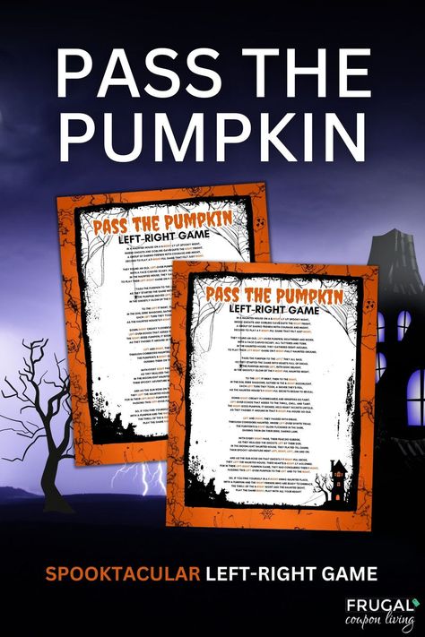 Grab this spooky and entertaining printable "Pass the Pumpkin" game designed for older audiences who love a thrilling twist to the classic left-right game! Perfect for Halloween parties, fall gatherings, or a spooky night in with friends. This unique gift exchange game will have everyone on the edge of their seats. Halloween Gift Exchange Game, Halloween Carnival Activities, Prizes For Pumpkin Carving Contest, Halloween Class Party Decorations, Halloween Treasure Hunt Clues For Kids, Pass The Pumpkin Game, School Halloween Party Games, Fall Party Games For Adults, Halloween Games For Kids Party