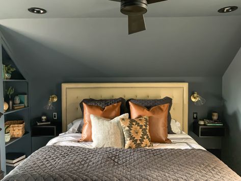 Sage Attic Bedroom, Finished Attic Bedroom Master Suite Sloped Ceiling, Dormered Bedroom Ideas, Attic Turned Bedroom, Angled Roof Bedroom Ideas, Cape Bedroom Ideas Sloped Ceiling, Attic Bedroom Colors, Dormer Bedroom Ideas Sloped Ceiling, Sloped Roof Bedroom