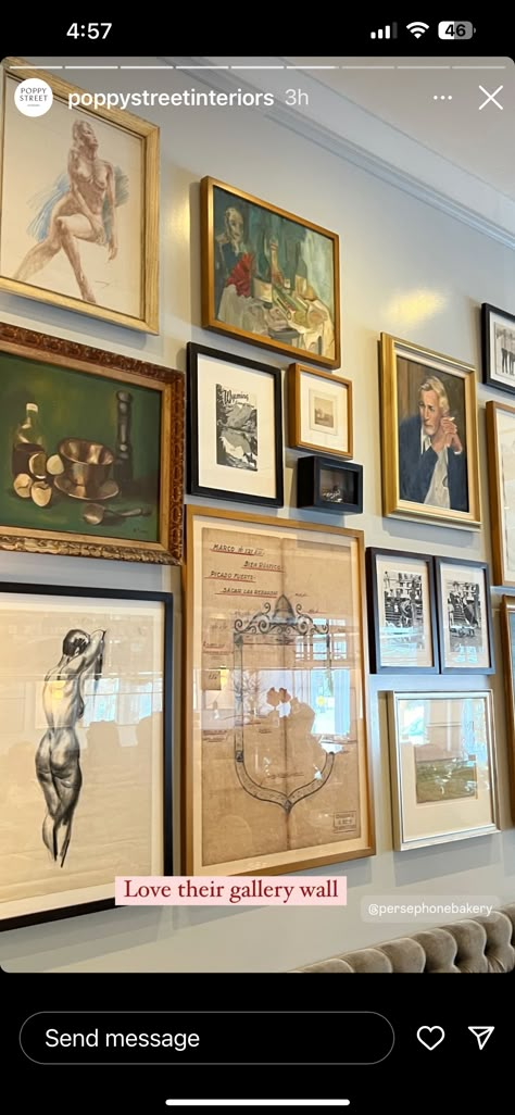 Wall With Pictures Ideas, Gallery Wall Mismatched Frames, Library Gallery Wall, Mixed Art Gallery Wall, Restaurant Upholstery, Vintage Gallery Wall Ideas, Bar Gallery Wall, Gallery Wall Office, Framing Inspiration