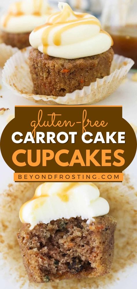 These Gluten-Free Carrot Cake Cupcakes are the BEST! You only need a few minutes to whip together this easy baking recipe. Moist and warmly spiced then topped with salted caramel cream cheese frosting, this simple dessert is irresistible! Gluten Free Carrot Cake Cupcakes, Gluten Free Cupcake Recipe, Cookies Sans Gluten, Irish Desserts, Dessert Oreo, Gluten Free Carrot Cake, Patisserie Sans Gluten, Dessert Sans Gluten, Gluten Free Cupcakes