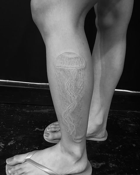 Jellyfish #whiteink #jonboytattoo White Jellyfish Tattoo, 1920s Bootlegger, Ink Jellyfish, Jellyfish White, Tattoo Jellyfish, Jonboy Tattoo, White Jellyfish, Ink Animals, Jon Boy