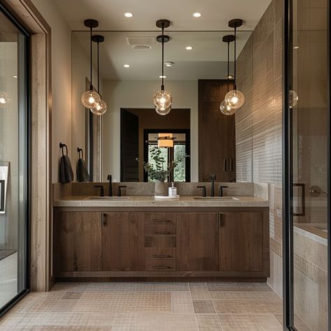 Wooden vanities with stone tops and gold-framed mirrors Bathroom With Wooden Vanity, Modern Cabin Bathroom, Oak Vanity Bathroom, Rustic Master, Dark Wood Bathroom, Framed Mirrors, Gold Framed Mirror, Master Bathrooms, Wood Bathroom Vanity