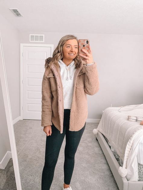 Tan sherpa shacket, Lululemon leggings, champion hoodie Tan Sherpa Jacket Outfit, Sherpa Shacket Outfit, Tan Shacket Outfit, Sherpa Hoodie Outfit, Tan Hoodie Outfit, Tan Leggings Outfit, Tan Fall Jacket, Sherpa Outfits, Flannel Ideas