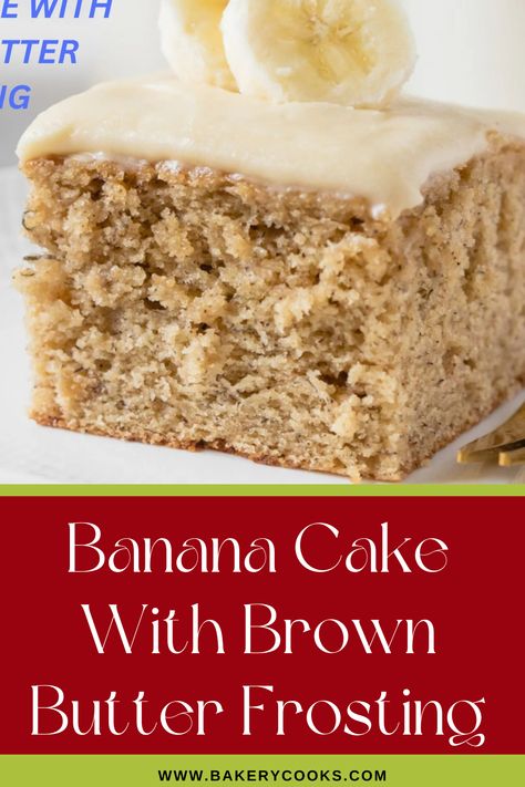 Banana Cake with Brown Butter Frosting features a moist, flavorful banana cake paired with a rich, nutty brown butter frosting. The cake’s sweetness perfectly complements the frosting’s deep, caramelized flavor, creating a deliciously balanced dessert. It’s a perfect treat for banana lovers and those seeking something unique. Frosted Banana Cake, Banana Cake With Brown Butter Frosting, Quick Banana Cake, Cake With Brown Butter Frosting, Cake Loaves, Banana Bread Cake, Brown Butter Frosting, Banana Buttermilk, Butter Cake Recipe