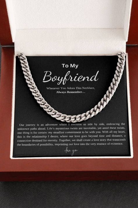 Give your man the gift that symbolizes your everlasting love. Featuring an adjustable chain, this stunning cuban chain necklace is available in polished stainless steel or 14K yellow gold, making it an ideal everyday favorite. A present perfect for a memorable promise gift, Birthday gift, Christmas Gift, or a Special Boyfriend gift. Make sure to dazzle your special someone by gifting them this stunning promise necklace. #boyfriendgift #boyfriendnecklace #giftforboyfriend #boyfriendbirthday #gift Promise Necklace For Boyfriend, Christmas Gifts For Boyfriend Ideas, Gifts For Boyfriend Ideas, Love Letter To Girlfriend, Necklace Boyfriend, Romantic Gifts For Boyfriend, 21st Ideas, Christmas Ideas For Boyfriend, Boyfriend Ideas