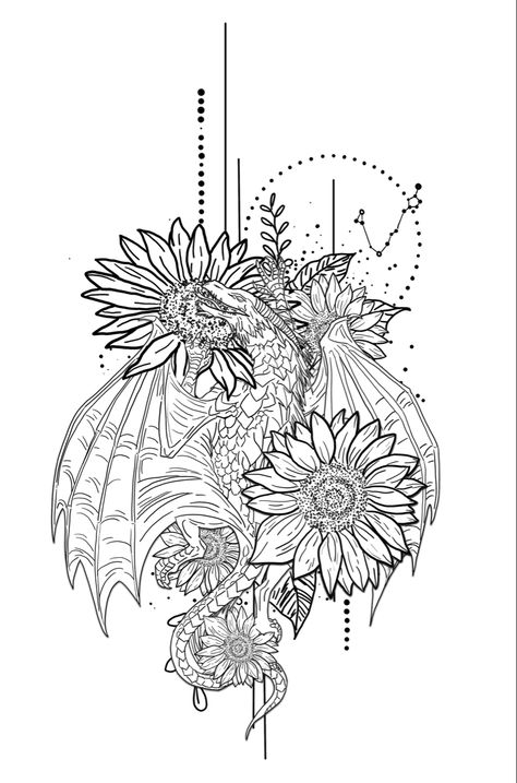 Simple asthetic of a dragon sleeping with sunflowers has an easter egg for the pieces Dragon With Sunflowers Tattoo, Dragon And Sunflower Tattoo, Sleeping Dragon Tattoo, Dragon Tattoo With Flowers, Dragon Sleeping, Pain Chart, Dragon Tattoo Drawing, Sleeping Dragon, Dragon Sleeve