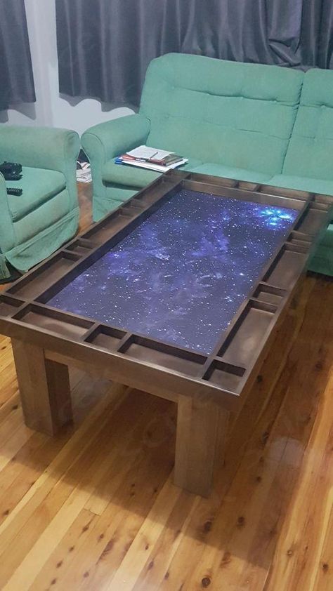 This is a table for gaming that fits over an existing coffee table Dnd Coffee Table, Diy D&d Table, Board Game Coffee Table, Dungeon Basement, Gaming Coffee Table, Painted Game Table, Gaming Table Diy, Dnd Table, Coffee Table Games