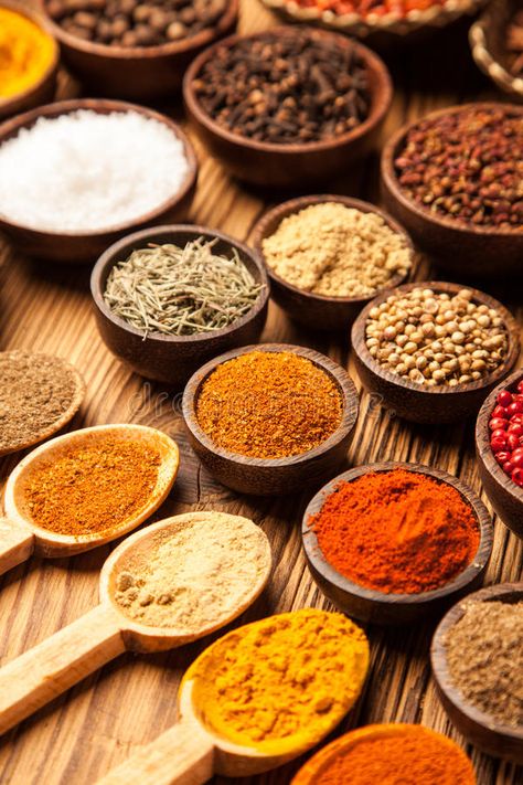 A selection of spices in bowls stock photography Spices Photography, Spice Bowls, Spices And Herbs, Food Styling, Stock Photography, Food Photography, The Selection, Stock Images, Herbs