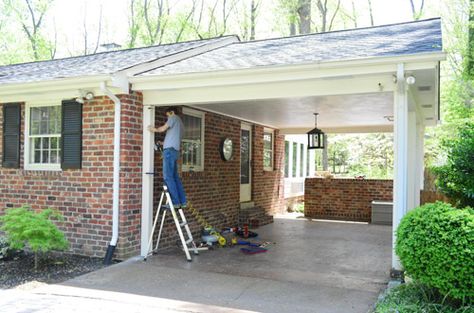 Pergola Off House | attached another metal post base on the ceiling (this time just ... Pergola Garage, Carport Addition, Pergola Shade Cover, Garage Pergola, Small Pergola, Pergola Carport, Building A Garage, Cheap Pergola, Pergola Ideas