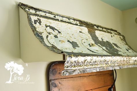 Vintage Tin Ceiling Tile Ideas, Tin Awning, Tin Ceiling Kitchen, Repurposed Mirror Frame, Ceiling Tiles Crafts, Ceiling Tins, Pressed Tin Tiles, Ceiling Boards, Tin Projects