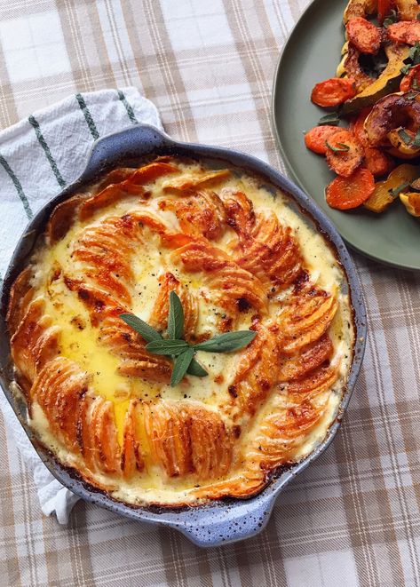 Potato Recipes Gratin, Sweet Potato Gruyere Gratin, Sweet Potato Dauphinoise, Sweet Potato Gratin Recipes, Elevated Thanksgiving Sides, Poor Snacks, Family Christmas Dinner Ideas, Sweet Potato Ideas, Elevated Thanksgiving