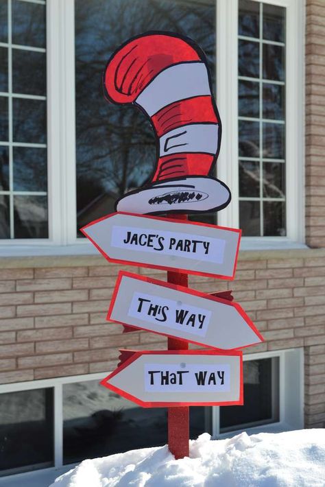 Jace is 1! | CatchMyParty.com Dr Seuss First Birthday Party, Cat In The Hat Birthday, Doctor Suess Birthday, Hat Birthday Party, Cat In The Hat Party, Dr Seuss Birthday Party, Dr Seuss Baby Shower, Dr. Seuss, Seuss Party