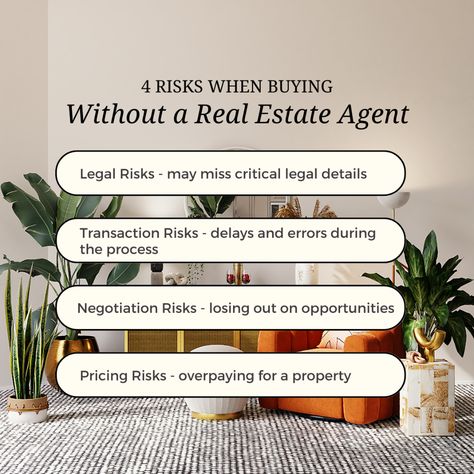 Buying a home without a real estate agent can be risky. You could miss critical legal details, overpay for a property, struggle to negotiate effectively, or experience transactional issues. To avoid these risks, work with a professional real estate agent who can guide you through the process and ensure a successful transaction! #realestateagent #homebuyingtips #realestateadvice #homesearch #propertybuying #homebuyingprocess Real Estate Q And A, How To Be A Good Real Estate Agent, September Real Estate Marketing Ideas, Real Estate Tips For Agents, Beginner Real Estate Agent, Realtor Posts, Real Estate Facts, Realtor Content, Property Management Marketing