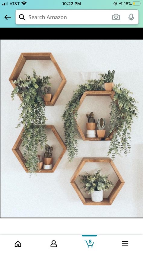 Hexagon Shelves With Plants, Hexagon Shelves Plants, Decorating Hexagon Shelves, Decorate Hexagon Shelves, How To Decorate Hexagon Shelves, Hanging Hexagon Shelves, Eucalyptus Shelf Decor, Hexagon Shelf Decor Living Rooms, Bathroom Hexagon Shelves