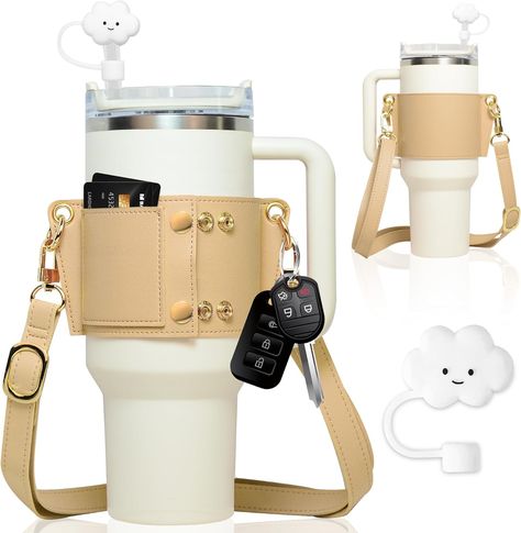 Itscolofy Water Bottle Holder - Carrier Strap for Stanley 40 oz & 30 oz Tumbler with Handle, for Stanley Cup Accessories, Adjustable Strap, Credit Card Holder, Keyring, Straw Cover (Khaki) Clean Drink, Diy Straw, Tumbler Holder, Straw Covers, Straw Cover, Stanley Cups, Kitchen Clean, Cup Accessories, Water Bottle Holder