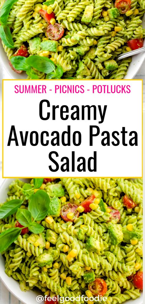 This Avocado Pasta Salad recipe is a healthy summer salad that's perfect for picnics and potlucks. It has a rich creamy avocado sauce with tomatoes and corn | Vegan | Vegetarian | Pasta Salad | Summer Recipes | Memorial Day Food | #avocadorecipes #avocadopasta #avocadosauce #veganrecipes #vegetarianrecipes #dinner #summersalads #feelgoodfoodie Creamy Avocado Pasta Salad, Salad Summer Recipes, Memorial Day Food, Healthy Mashed Potatoes, Vegetarian Pasta Salad, Creamy Avocado Pasta, Avocado Pasta Salad, Salad Summer, Avocado Dessert