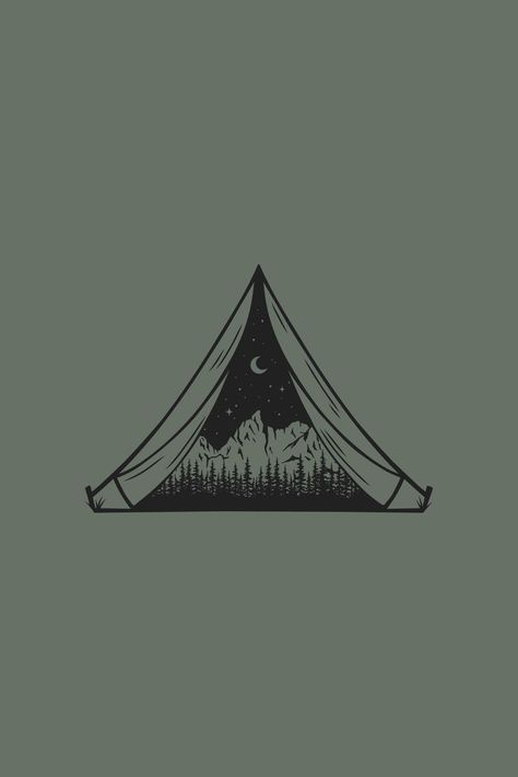 Camping Theme Tattoo, Tent Illustration Camping, Campfire Tattoo Ideas, Tent Tattoo Design, Mountain Design Illustration, Camping Aesthetic Wallpaper, Canoe Tattoo, Camping Tattoo Ideas, Tent Tattoo