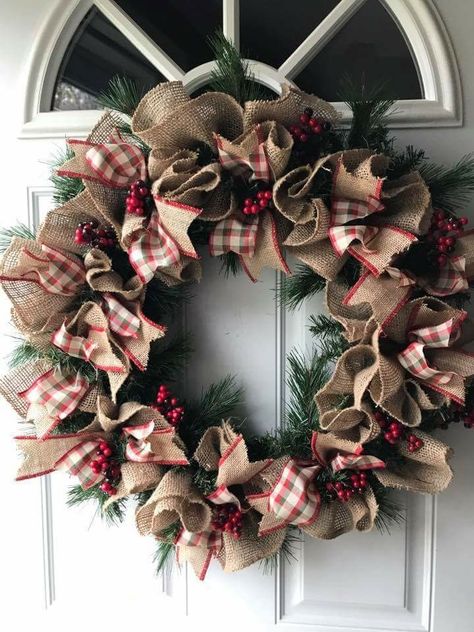 Rag Bows, Cheap Wreaths, Christmas Burlap Wreath, Farmhouse Christmas Decorations, Grapevine Christmas, Winter Wreath Diy, Burlap Christmas Wreath, Burlap Wreaths, Christmas Window Decorations