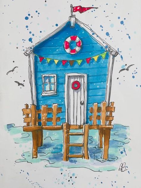 Lia Bosch on Instagram: "Strandhuisje strand zo lekker ook in de winter #winsorandnewton #promarkers #julia_henze #summerpainting" Whimsical Art Drawings, Caribbean Homes, Cute Little Houses, Brush Paint, Beach House Art, Beach Huts, House Illustration, Beach Watercolor, Watercolor Sketchbook