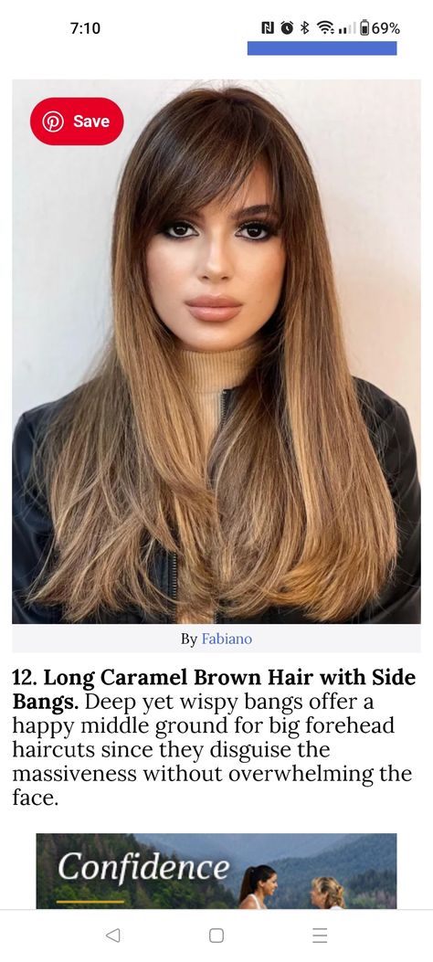 Haircut For Broad Forehead, Broad Forehead, Caramel Brown Hair, Bangs For Round Face, Big Forehead, Wispy Bangs, Side Bangs, Round Face, Brown Hair