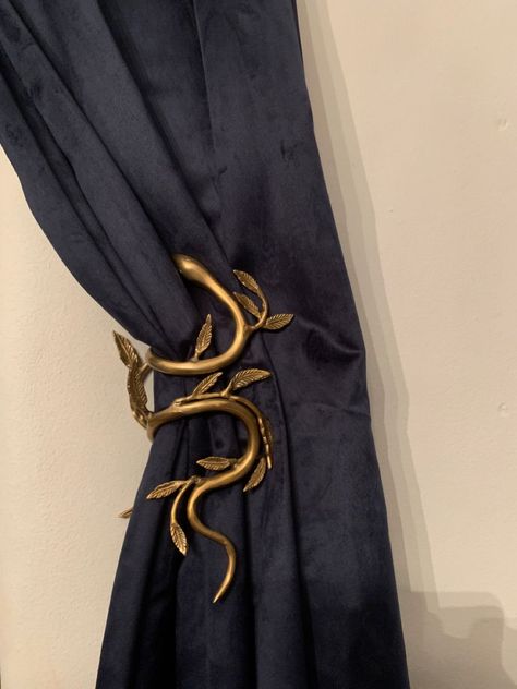 Hobbit Curtains, Anthropologie Curtain Tie Back, Snake Curtain Holder, Snake House Decor, Goth Curtains Living Rooms, Snake Curtain Tie Back, Navy Witchy Bedroom, Navy Holiday Decor, Witchy Curtain Ideas